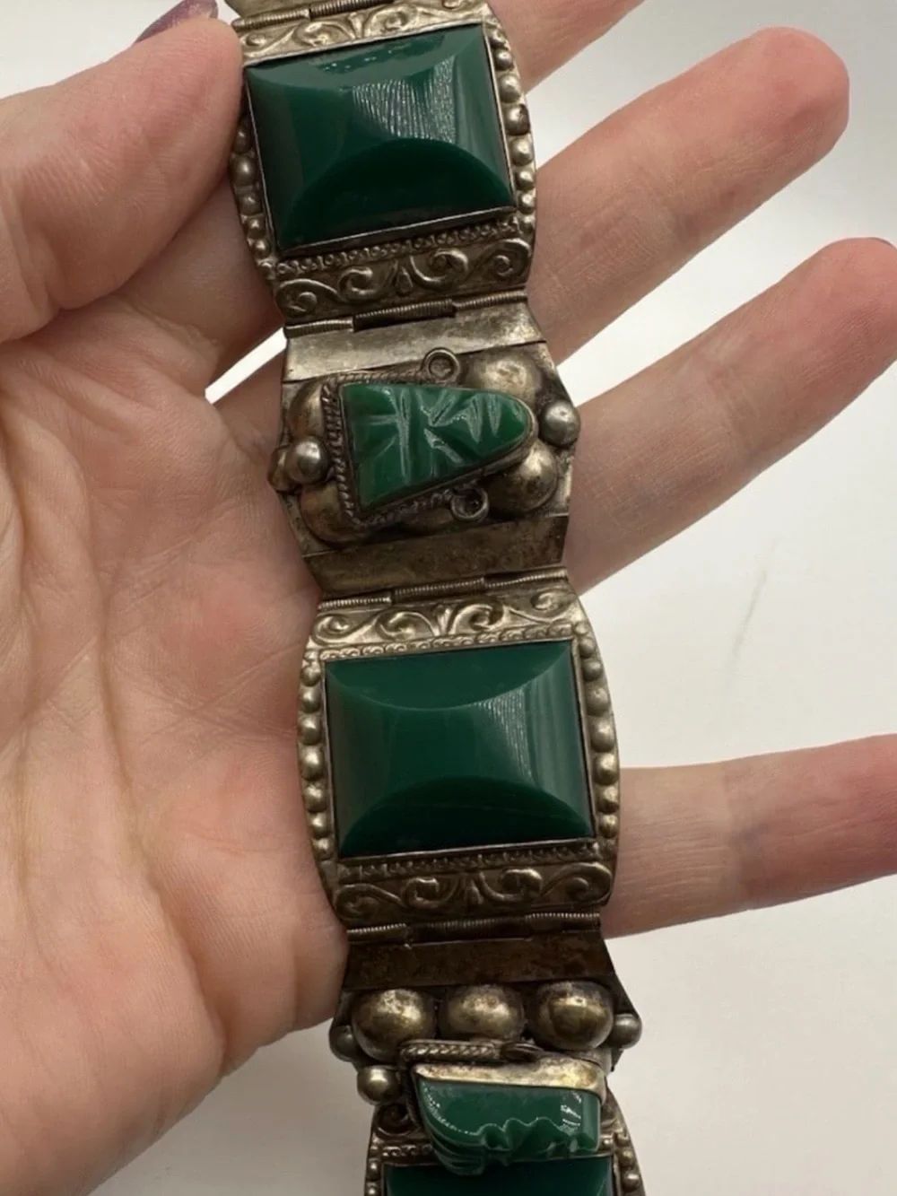 Vintage Taxco Green Onyx Jade Style Aztec Mask Link Bracelet Silver Tone
